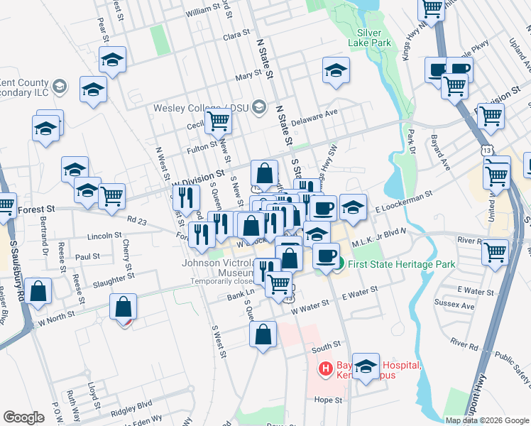 map of restaurants, bars, coffee shops, grocery stores, and more near 108 U.S. 13 Alternate in Dover