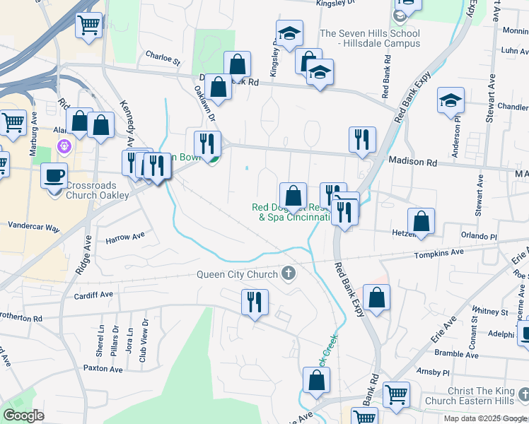 map of restaurants, bars, coffee shops, grocery stores, and more near 4905 Charlemar Drive in Cincinnati