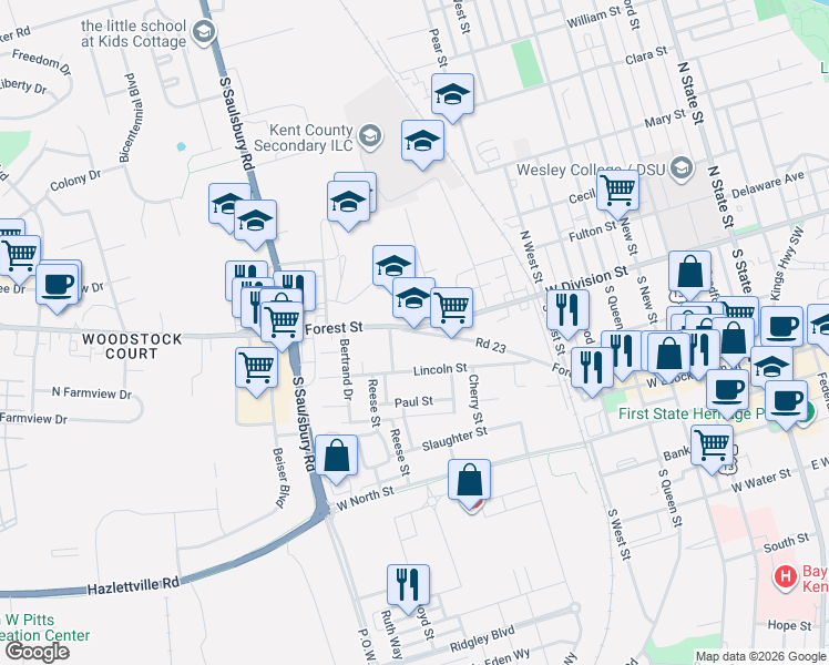 map of restaurants, bars, coffee shops, grocery stores, and more near 870 Forest Street in Dover