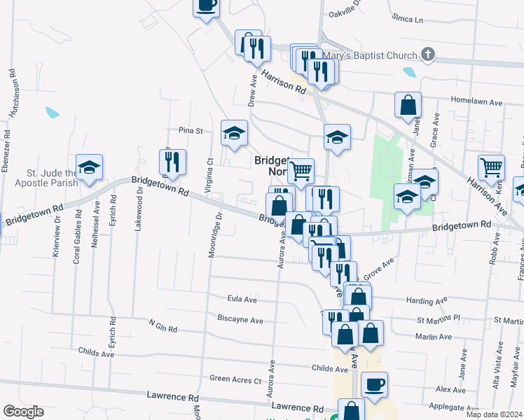 map of restaurants, bars, coffee shops, grocery stores, and more near 5606 Bridgetown Road in Cincinnati