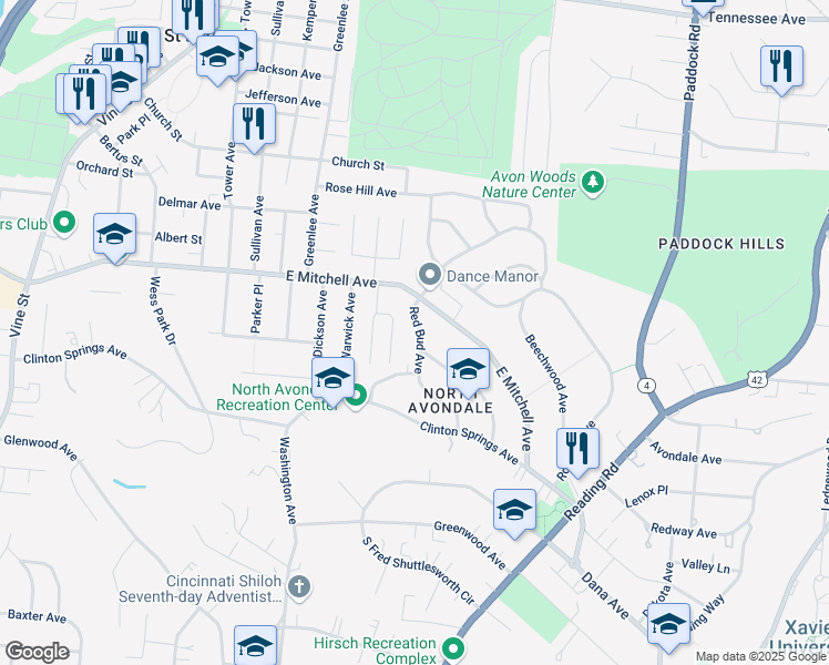 map of restaurants, bars, coffee shops, grocery stores, and more near 4019 Red Bud Avenue in Cincinnati