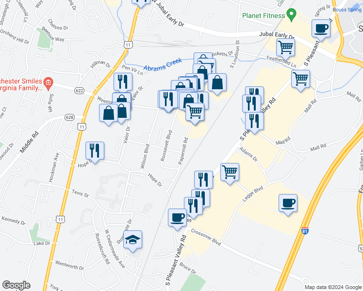 map of restaurants, bars, coffee shops, grocery stores, and more near 2259 Papermill Road in Winchester