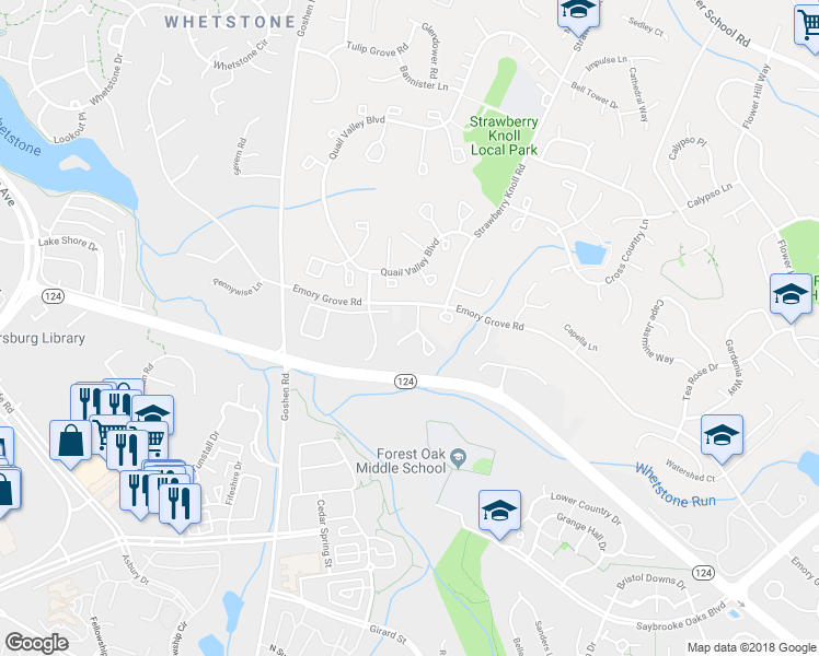 map of restaurants, bars, coffee shops, grocery stores, and more near 9101 Emory Woods Terrace in Gaithersburg