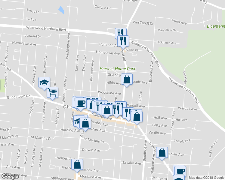 map of restaurants, bars, coffee shops, grocery stores, and more near 3510 Woodbine Avenue in Cincinnati
