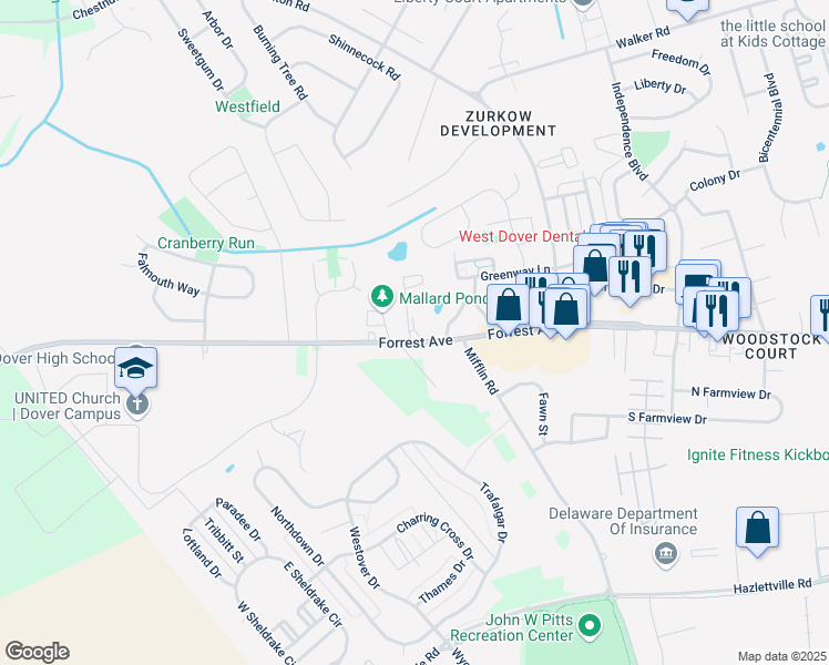 map of restaurants, bars, coffee shops, grocery stores, and more near 21 Par Haven Drive in Dover