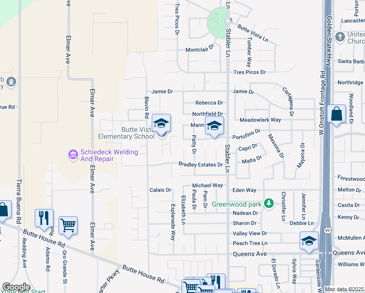 map of restaurants, bars, coffee shops, grocery stores, and more near 1798 Portofino Drive in Yuba City