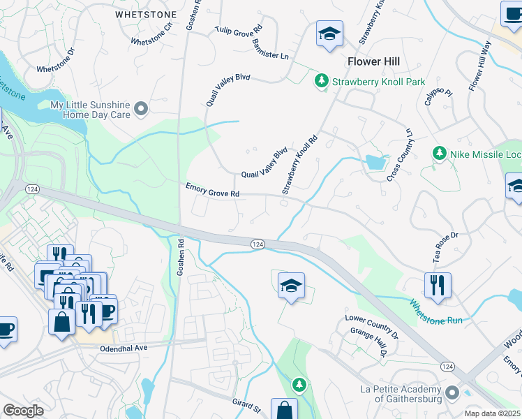 map of restaurants, bars, coffee shops, grocery stores, and more near 9101 Emory Woods Terrace in Gaithersburg