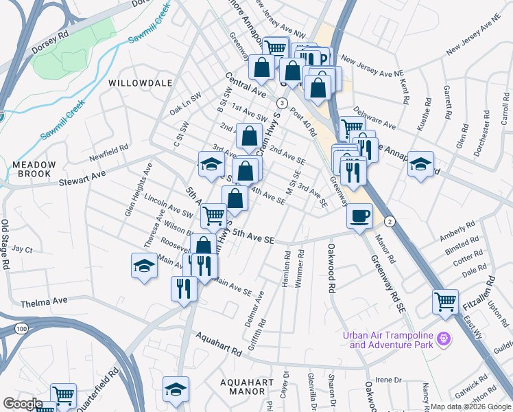map of restaurants, bars, coffee shops, grocery stores, and more near 408 Padfield Boulevard in Glen Burnie