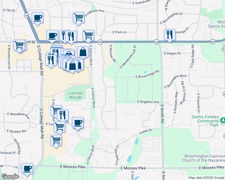 map of restaurants, bars, coffee shops, grocery stores, and more near 705 South Meadowbrook Drive in Bloomington