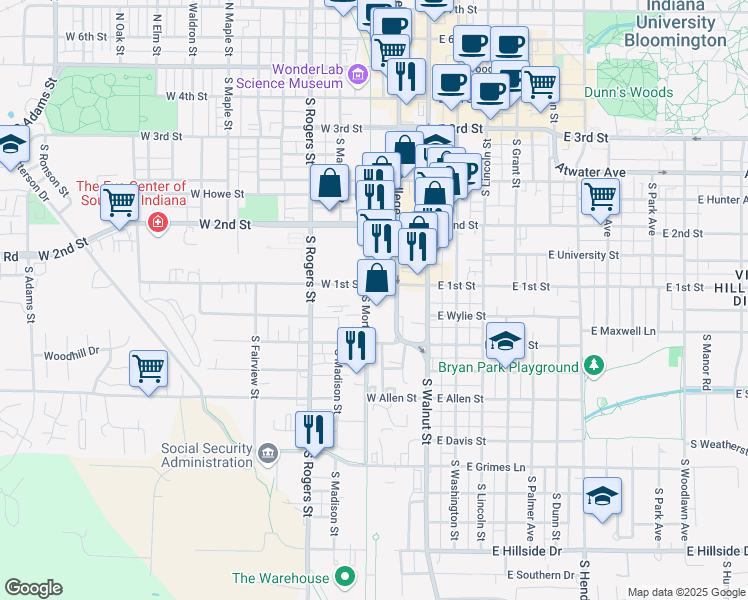 map of restaurants, bars, coffee shops, grocery stores, and more near 720 South Morton Street in Bloomington