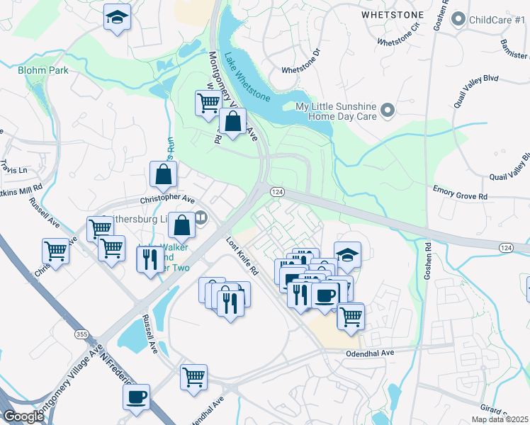 map of restaurants, bars, coffee shops, grocery stores, and more near 18333 Lost Knife Circle in Montgomery Village