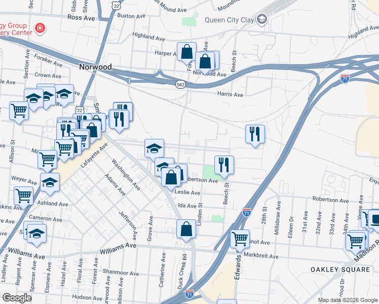 map of restaurants, bars, coffee shops, grocery stores, and more near 2403 Park Avenue in Cincinnati