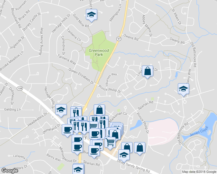 map of restaurants, bars, coffee shops, grocery stores, and more near 18501 Viburnum Way in Olney