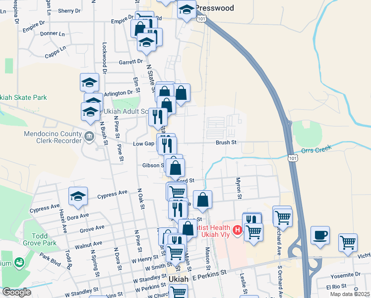 map of restaurants, bars, coffee shops, grocery stores, and more near 151 Brush Street in Ukiah