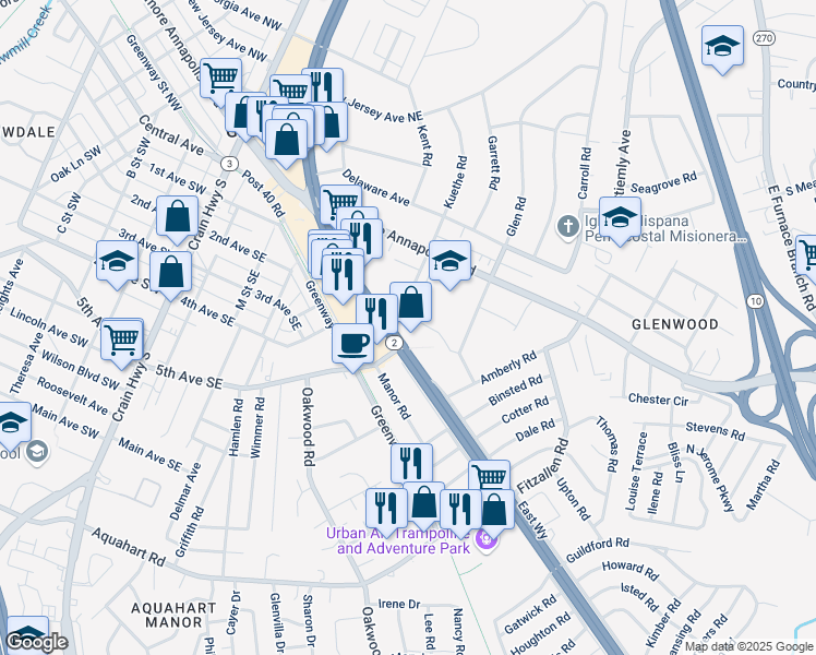 map of restaurants, bars, coffee shops, grocery stores, and more near 7551 Ritchie Highway in Glen Burnie