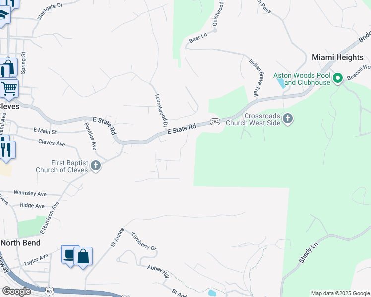 map of restaurants, bars, coffee shops, grocery stores, and more near 505 Aston View Lane in Cleves