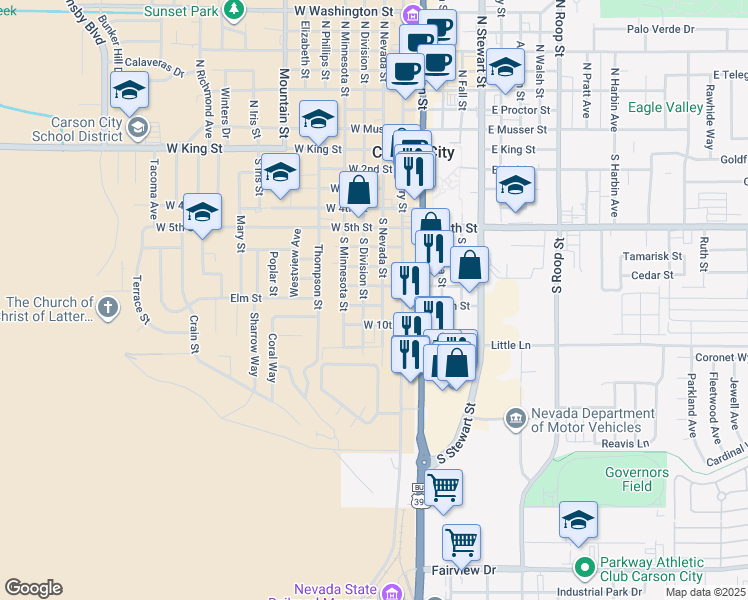 map of restaurants, bars, coffee shops, grocery stores, and more near 326 West 9th Street in Carson City