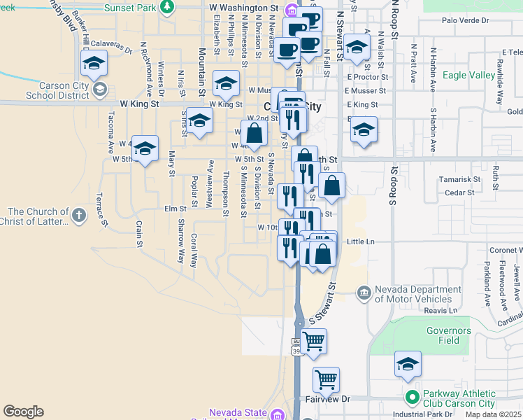 map of restaurants, bars, coffee shops, grocery stores, and more near 326 West 9th Street in Carson City
