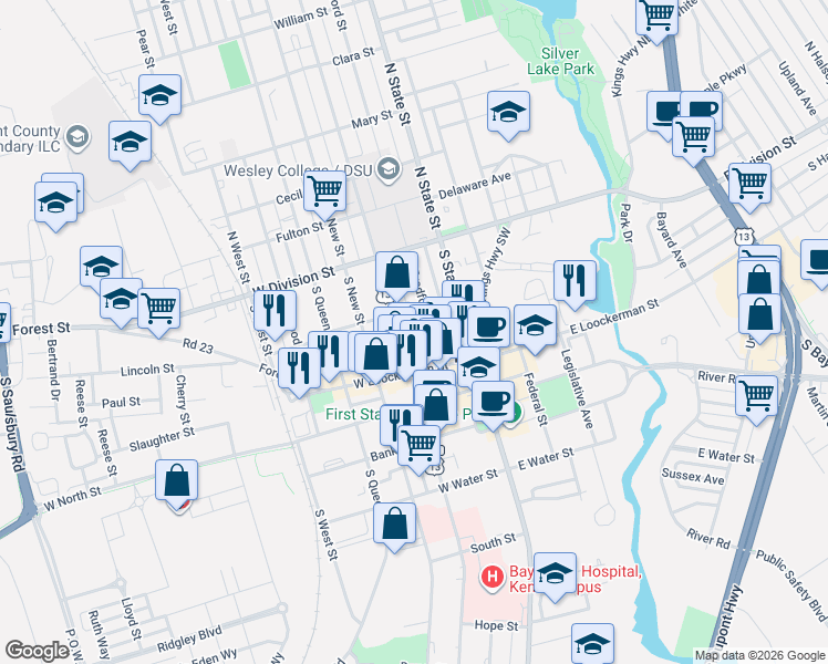 map of restaurants, bars, coffee shops, grocery stores, and more near 120 South Bradford Street in Dover
