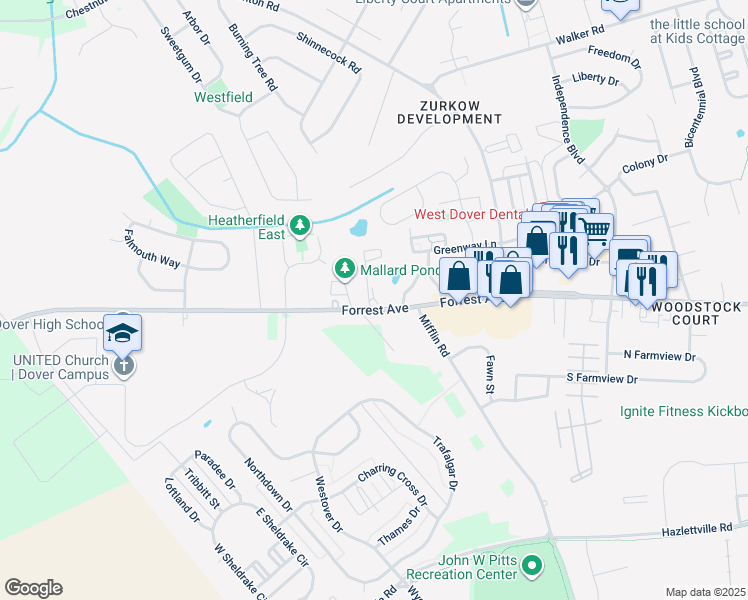 map of restaurants, bars, coffee shops, grocery stores, and more near 21 Par Haven Drive in Dover