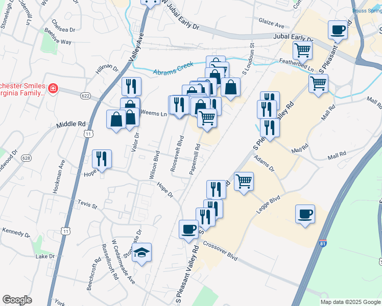 map of restaurants, bars, coffee shops, grocery stores, and more near 2257 Papermill Road in Winchester