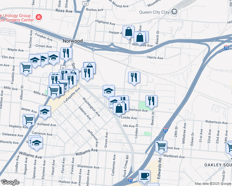 map of restaurants, bars, coffee shops, grocery stores, and more near 2321 Park Avenue in Cincinnati