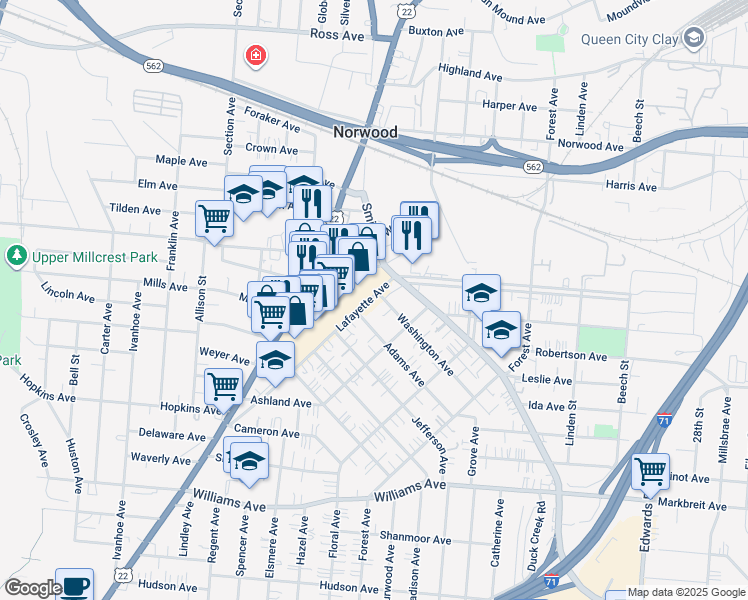 map of restaurants, bars, coffee shops, grocery stores, and more near 4582 Montgomery Road in Norwood