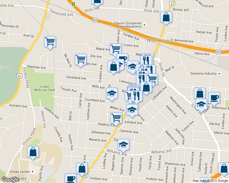 map of restaurants, bars, coffee shops, grocery stores, and more near 2023 Mills Avenue in Norwood