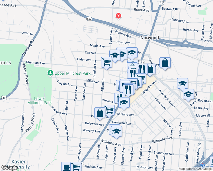 map of restaurants, bars, coffee shops, grocery stores, and more near 2023 Mills Avenue in Norwood