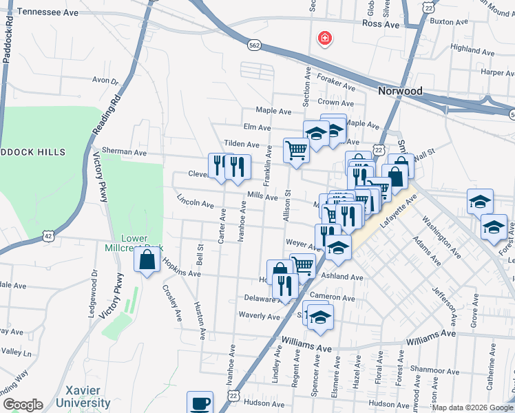 map of restaurants, bars, coffee shops, grocery stores, and more near 1836 Lincoln Avenue in Cincinnati