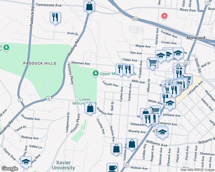 map of restaurants, bars, coffee shops, grocery stores, and more near 1703 Lincoln Avenue in Norwood