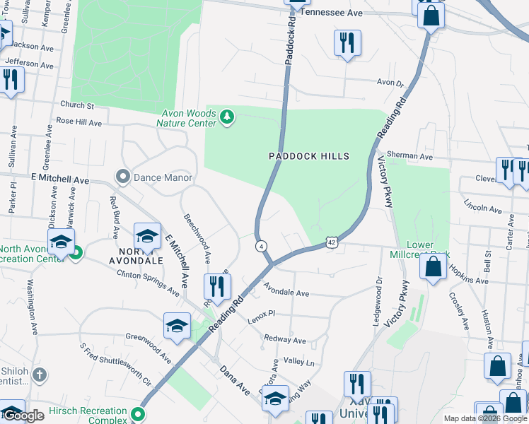 map of restaurants, bars, coffee shops, grocery stores, and more near 1220 Stratford Place in Cincinnati
