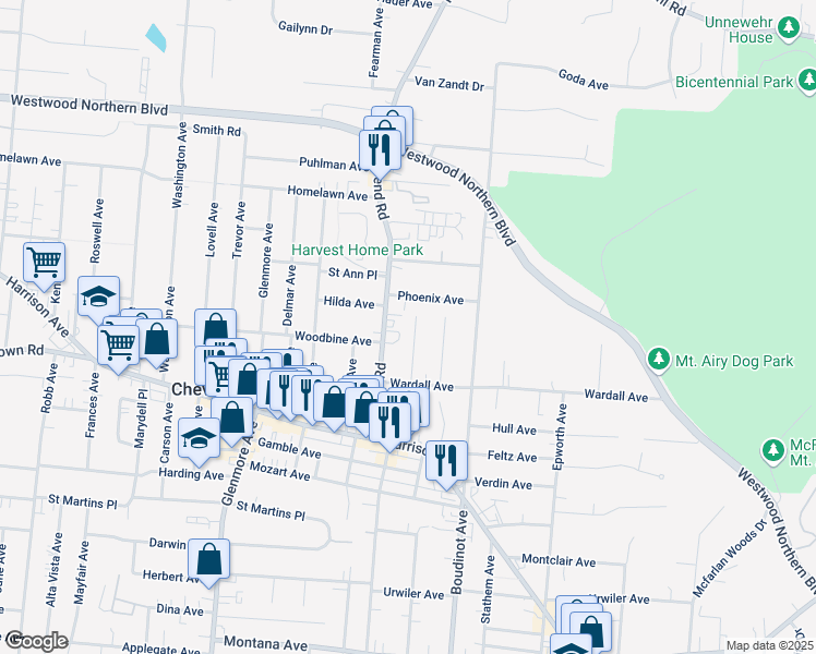 map of restaurants, bars, coffee shops, grocery stores, and more near 3914 Meyerfeld Avenue in Cincinnati
