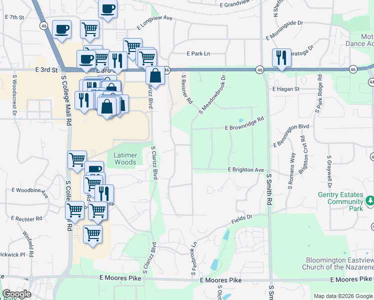 map of restaurants, bars, coffee shops, grocery stores, and more near 705 South Meadowbrook Drive in Bloomington