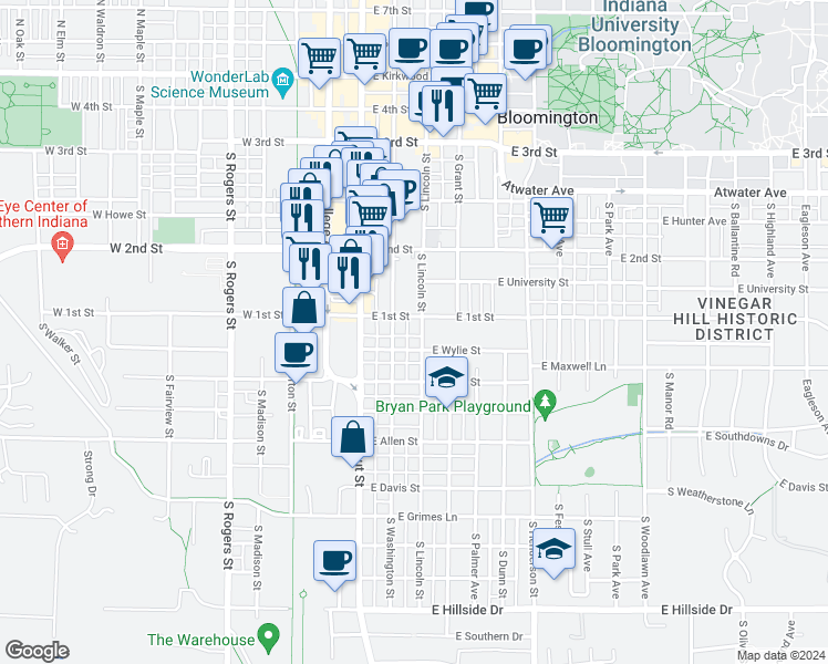 map of restaurants, bars, coffee shops, grocery stores, and more near 607 South Washington Street in Bloomington