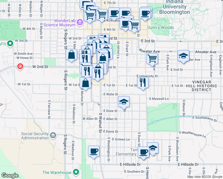 map of restaurants, bars, coffee shops, grocery stores, and more near 607 South Washington Street in Bloomington