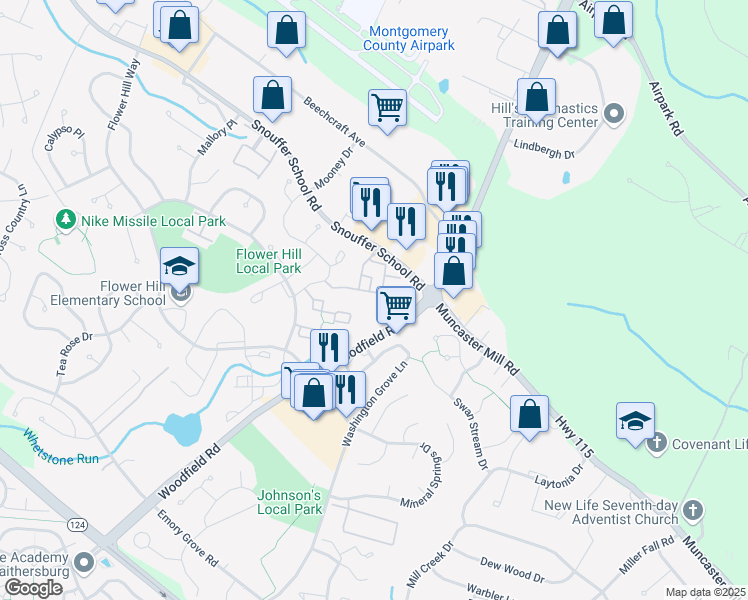 map of restaurants, bars, coffee shops, grocery stores, and more near 7906 Pearlbush Drive in Gaithersburg