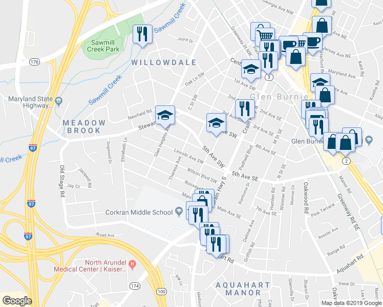map of restaurants, bars, coffee shops, grocery stores, and more near 116 Lincoln Avenue Southwest in Glen Burnie