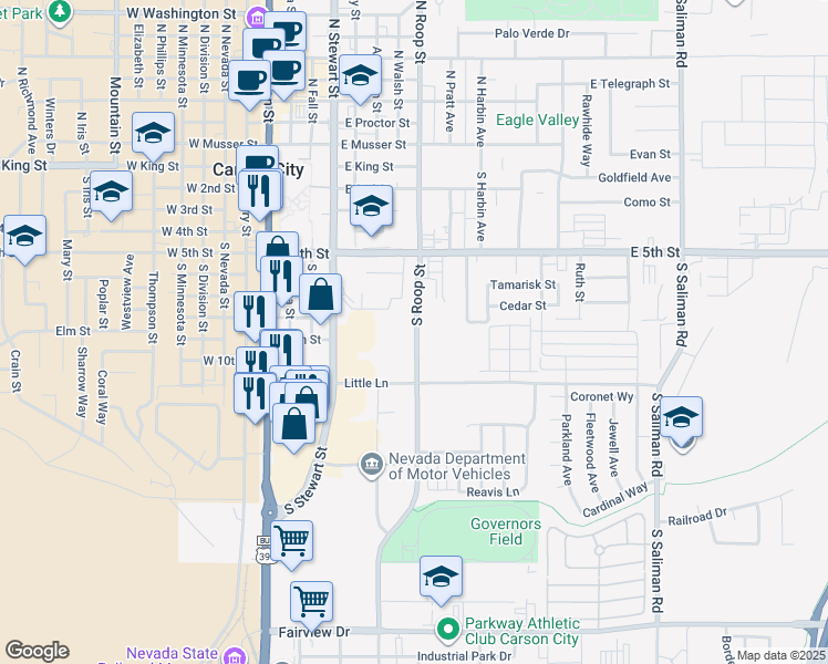 map of restaurants, bars, coffee shops, grocery stores, and more near 800 South Roop Street in Carson City