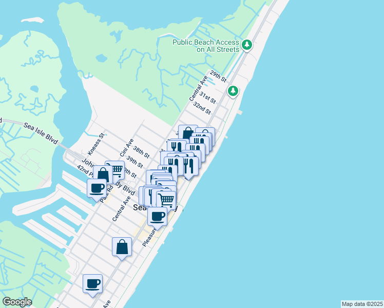 map of restaurants, bars, coffee shops, grocery stores, and more near 33 36th Street in Sea Isle City