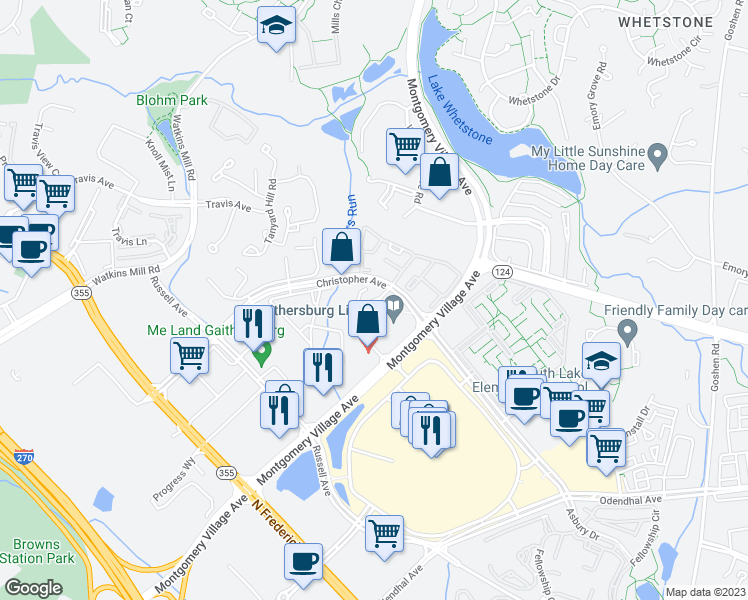 map of restaurants, bars, coffee shops, grocery stores, and more near 18310 Feathertree Way in Gaithersburg