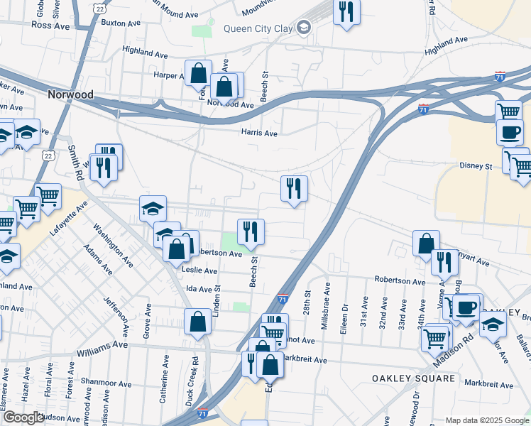 map of restaurants, bars, coffee shops, grocery stores, and more near 4590 Beech Street in Norwood