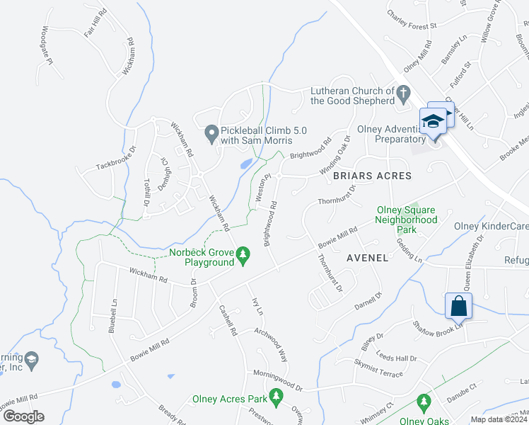 map of restaurants, bars, coffee shops, grocery stores, and more near 4671 Weston Place in Olney