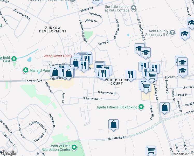 map of restaurants, bars, coffee shops, grocery stores, and more near 1260 Forrest Avenue in Dover