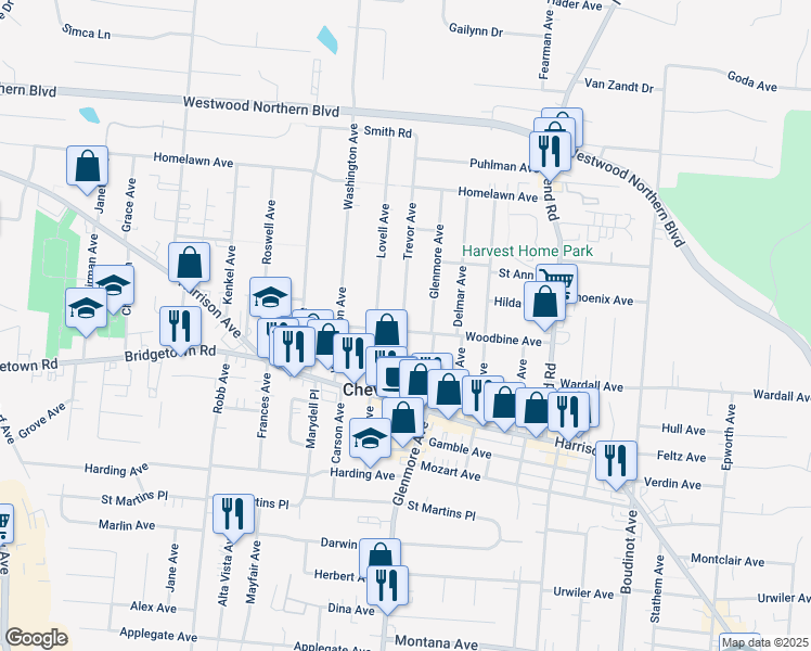 map of restaurants, bars, coffee shops, grocery stores, and more near 3720 Woodbine Avenue in Cincinnati