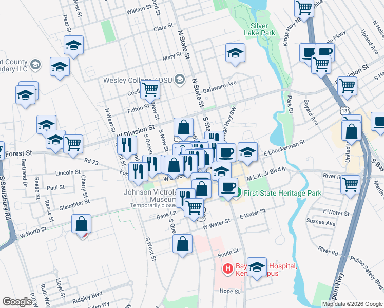 map of restaurants, bars, coffee shops, grocery stores, and more near 120 South Bradford Street in Dover