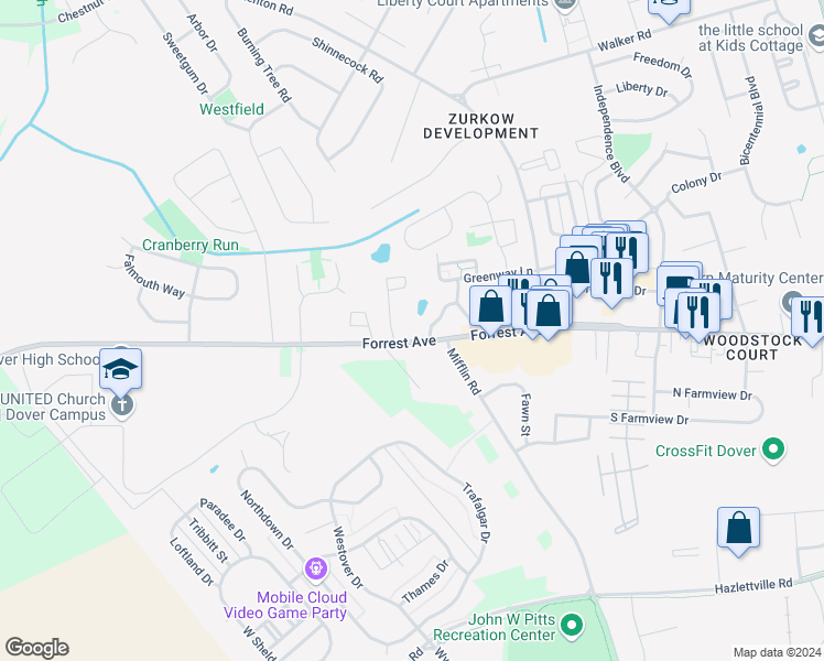 map of restaurants, bars, coffee shops, grocery stores, and more near 46 Par Haven Drive in Dover