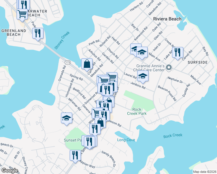 map of restaurants, bars, coffee shops, grocery stores, and more near 8485 Maryland 173 in Riviera Beach