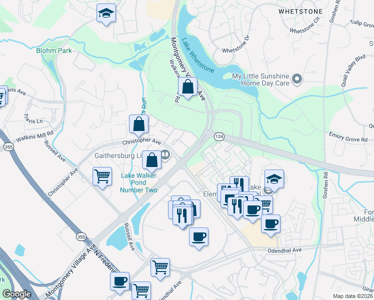 map of restaurants, bars, coffee shops, grocery stores, and more near 9834 Hellingly Place in Montgomery Village