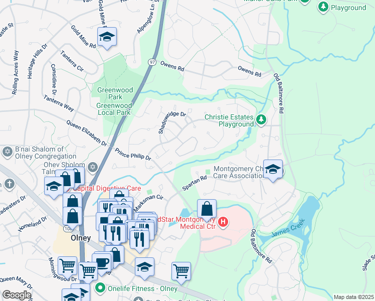 map of restaurants, bars, coffee shops, grocery stores, and more near 18605 Clovercrest Circle in Olney